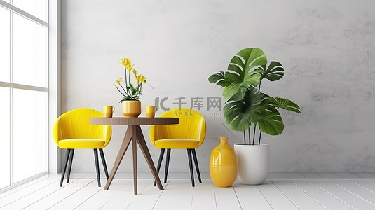 椅子海报背景图片_羽衣甘蓝黄色椅子和桌子的 3D 渲染，其装饰与白色室内模型海报完美补充