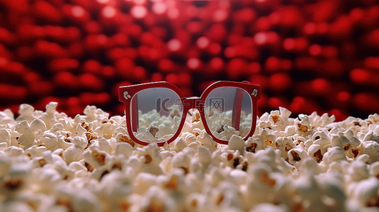 3d 眼镜关闭与电影院爆米花背景