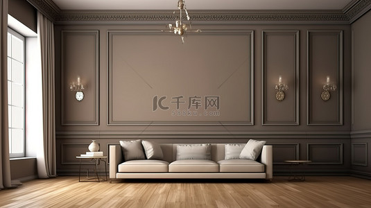 宽敞的豪华客房配有简约的家具优雅的棕色墙壁和抛光木地板 3D 渲染