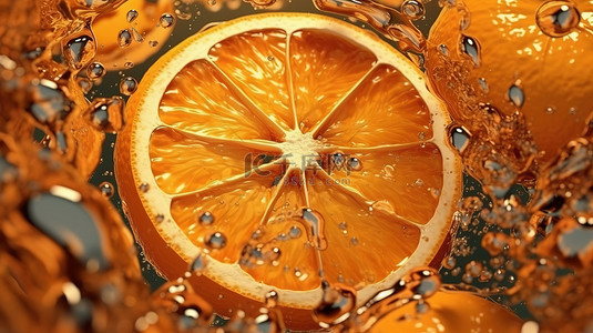 橙子柑橘背景图片_橙子果肉蒸馏并流入果汁的 3d 插图