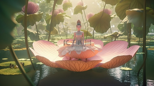 荷叶上的女孩背景图片_迷人的 3D 插图迷人的自然仙女优雅地栖息在荷叶上