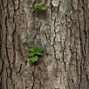 一棵橡树的树皮与一棵小绿色植物