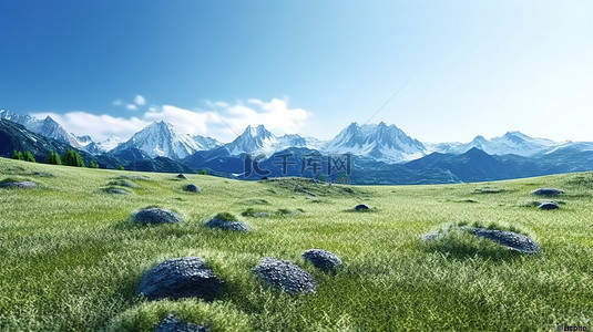 草原赛马背景图片_郁郁葱葱的绿色草原中的雪山 3D 渲染