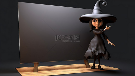 幽灵般的 3D 女巫在万圣节拿着一张空白的木制海报