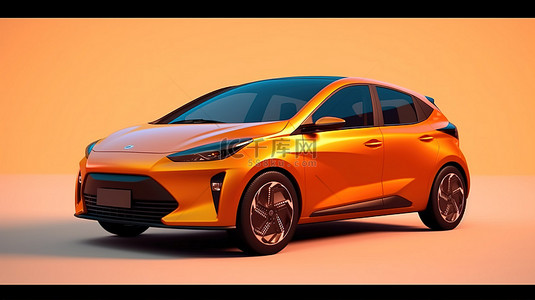 新一代增程橙色电动城市掀背车的 3D 插图