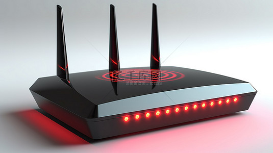 时尚白色 Wi-Fi 路由器的 3D 渲染，在白色背景上具有发光红色信号箭头