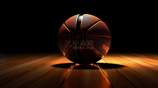 比赛篮球背景图片_木地板上黑色背景上橙色篮球的 3D 渲染