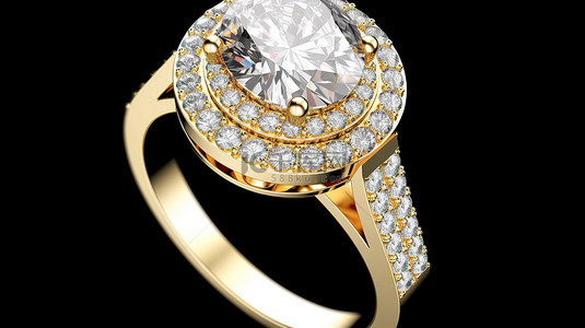 黄金椭圆形钻石光环戒指的 3D 渲染，铺有镶边宝石