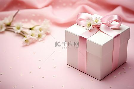 婚礼在粉红色表面上完美的白色礼品盒