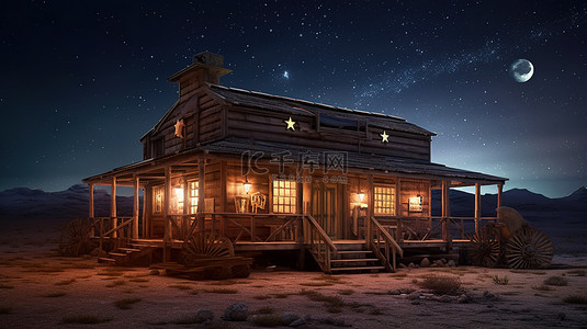 沙漠牛仔背景图片_狂野西部老式西部轿车的夜间 3D 渲染