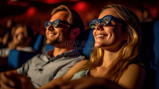 年轻快乐的女人背景图片_年轻而迷人的夫妇享受 3D 电影体验