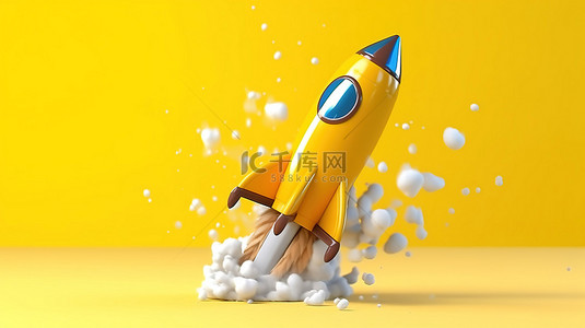 玩具火箭在黄色背景上冒烟的 3D 插图，象征着教育和知识的胜利