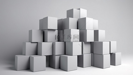 白墙设计 3D 渲染上堆叠的灰色立方体酒吧组