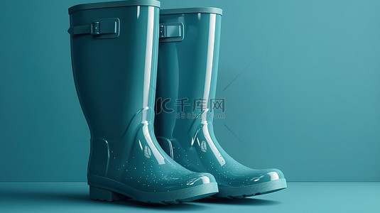 雨天必需品 3d 渲染的雨靴和雨伞在蓝色背景上有足够的商业用途空间