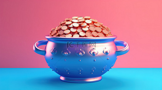 金风格背景图片_双色调风格的粉红色铁锅，蓝色背景上装满硬币 3D 渲染图像