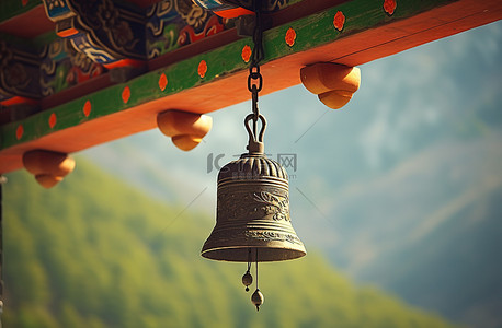 传统韩国背景图片_寺庙屋顶上挂着一口钟