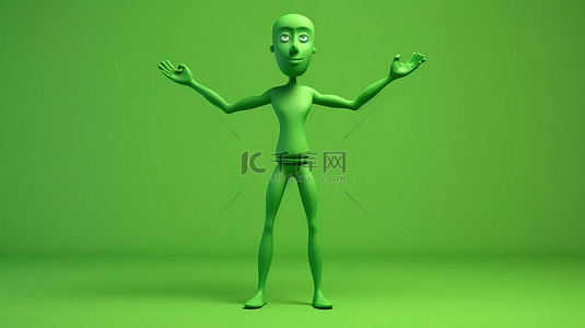 具有 3D 灵活身体部位的卡通人物在绿色背景上渲染和隔离