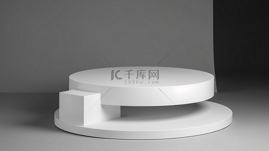 孤立的灰色背景，带有讲台支架普通产品基座和白色桌子的 3D 渲染