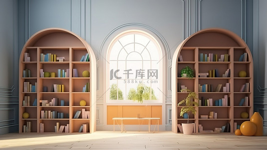 教室主题 3D 背景，讲台和书架上摆满教育书籍