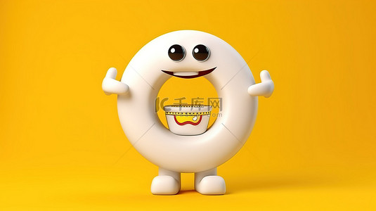 当代白色洗衣机吉祥物的 3D 渲染，在充满活力的黄色背景上带有救生圈
