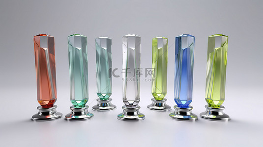 玻璃奖杯背景图片_灰色背景高品质 3D 渲染上显示的闪闪发光的玻璃奖杯