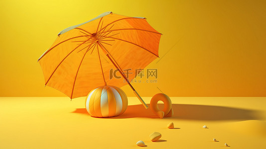 海报背景海滩背景图片_充满活力的黄色背景下的 3d 插图太阳和沙滩伞