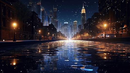 城市建筑水背景图片_夜间发光水照亮的城市景观的 3D 渲染