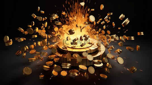 头奖或赌场扑克概念的 3D 渲染在白色背景上爆裂金币和美元符号
