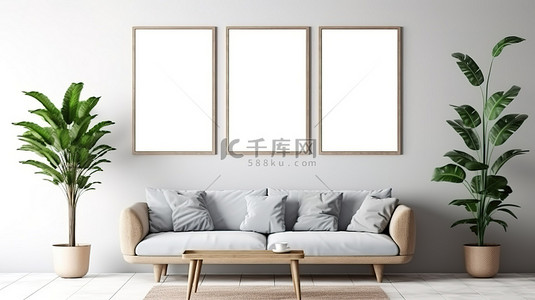 沙发设计背景背景图片_时尚的客厅内部配有三框模型灰色沙发木制家具和郁郁葱葱的棕榈叶 3D 设计