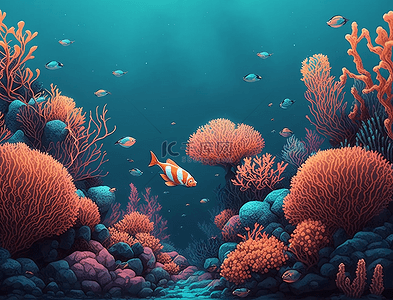 蓝色海洋背景卡通背景图片_红珊瑚礁美丽的蓝色海洋背景