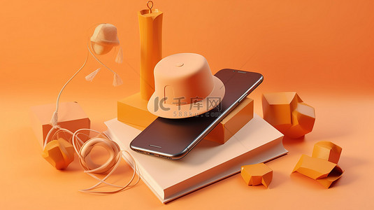 浅橙色背景下的在线教育概念逼真3D毕业帽书籍和手机