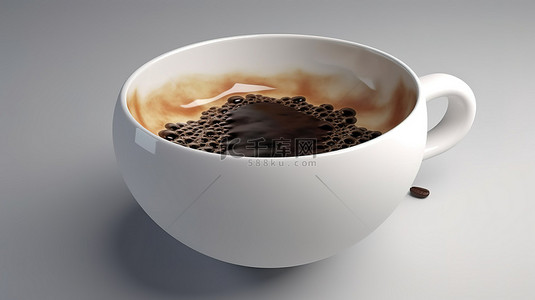 白色背景 3D 渲染下漂浮在杯子中的饱满咖啡豆