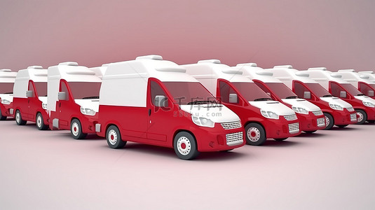 红色商用背景图片_一排白色货车的 3d 插图