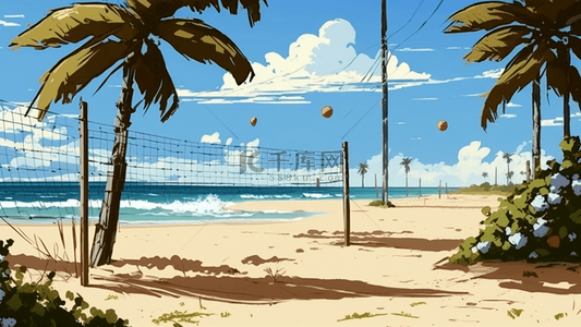游泳沙滩背景图片_沙滩排球阳光夏天卡通背景