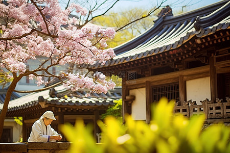 春天，一位老人正在参观一栋古老的传统建筑