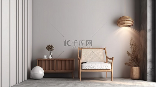 3D 渲染的室内场景白色和灰色波浪墙，配有浅色木质家具和编织木椅