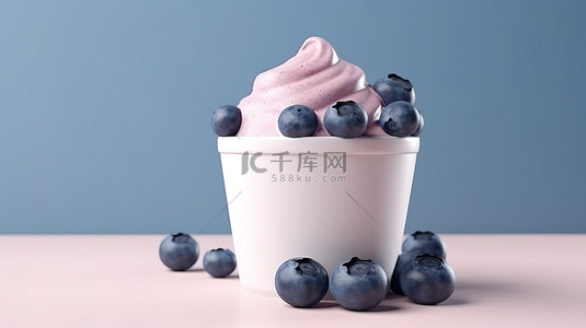 创意勺背景图片_带有蓝莓和无脂蓝莓冰淇淋的纸杯模型，辅以“夏天即将来临”横幅 3D 渲染