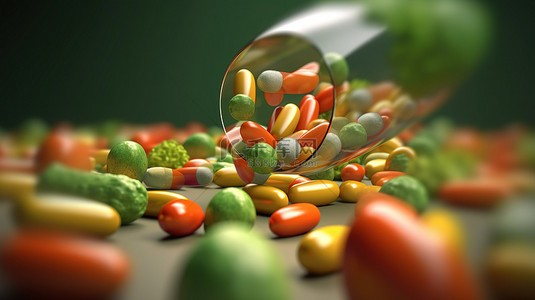 高清美食背景图片_3d 渲染的蔬菜从药丸形状的容器中爆裂