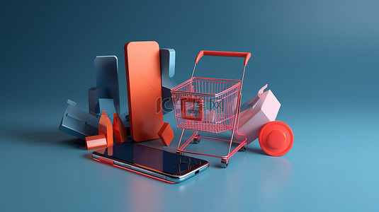 购物商城科技背景图片_电子商务通过信用卡和袋子的 3D 插图使智能手机购物变得轻松