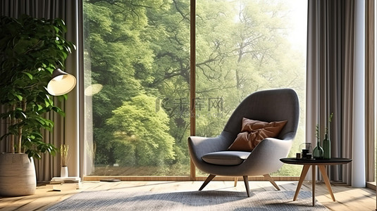 现代休息室配有扶手椅，透过窗户可欣赏森林景观 3D 渲染