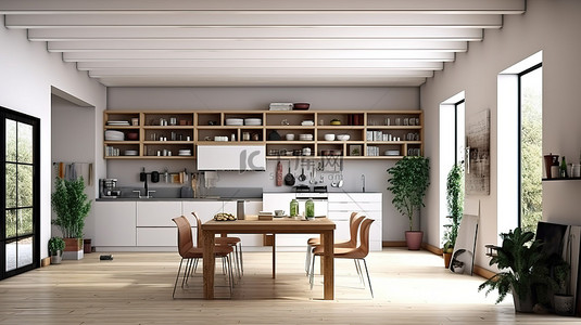 现代厨房设计与别致的家具未来派 3D 渲染