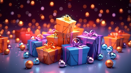 设计。圣诞树背景图片_节日 3D 渲染插图圣诞快乐与圣诞球星星树和礼物