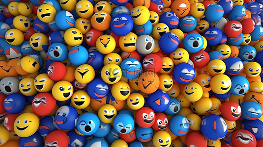 3D 渲染的社交媒体气球符号 Facebook 反应表情符号与标志性图案