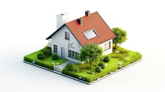 房屋安全背景图片_当代小屋的 3D 渲染，具有白色背景下郁郁葱葱的绿草和红色屋顶的圆形地块