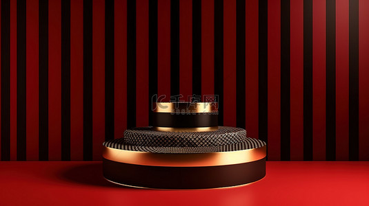 大胆的红色 3d 房间渲染中带有醒目的黑色条纹的金色讲台非常适合产品展示模型