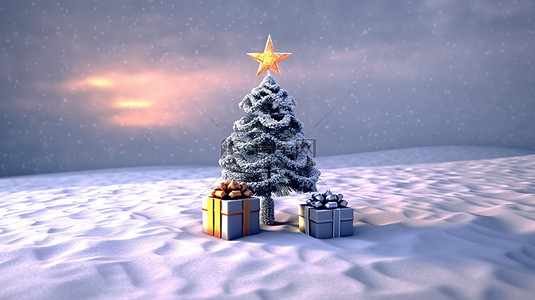 冰雪场景背景图片_喜庆的枞树和冰雪覆盖的景观 3D 渲染上的礼物