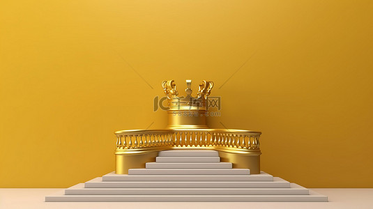 商业体育背景图片_登上胜利金色王冠的 3D 渲染在金色楼梯上象征着体育和商业比赛的成功