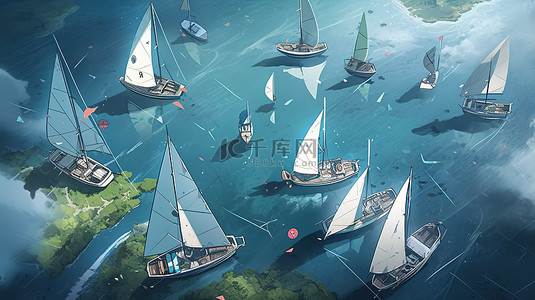 白泽计划背景图片_在 3D 渲染中叠加在设计计划上的多艘帆船的鸟瞰图