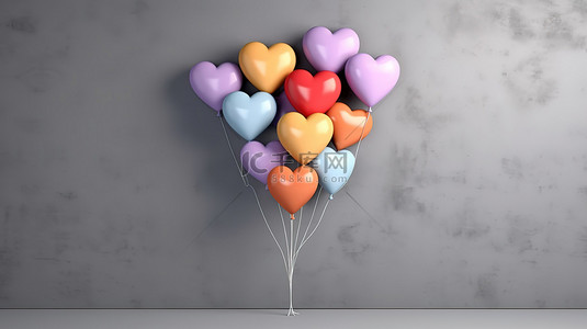充满活力的心形气球，庆祝灰墙背景 3D 渲染场景上的欢乐时刻
