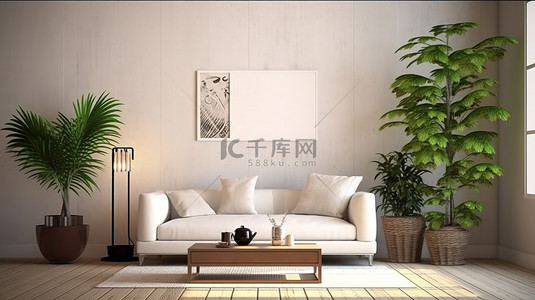 现代生活空间装饰有时尚的家具和郁郁葱葱的绿叶装饰 3D 渲染
